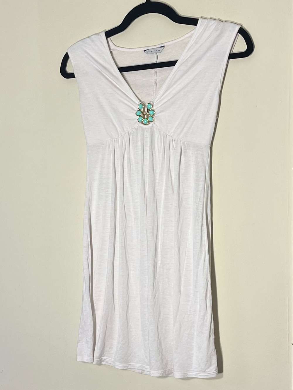Trina Turk White V-Neck Swim Cover Up Dress with Turquoise Jewel Bust Accent